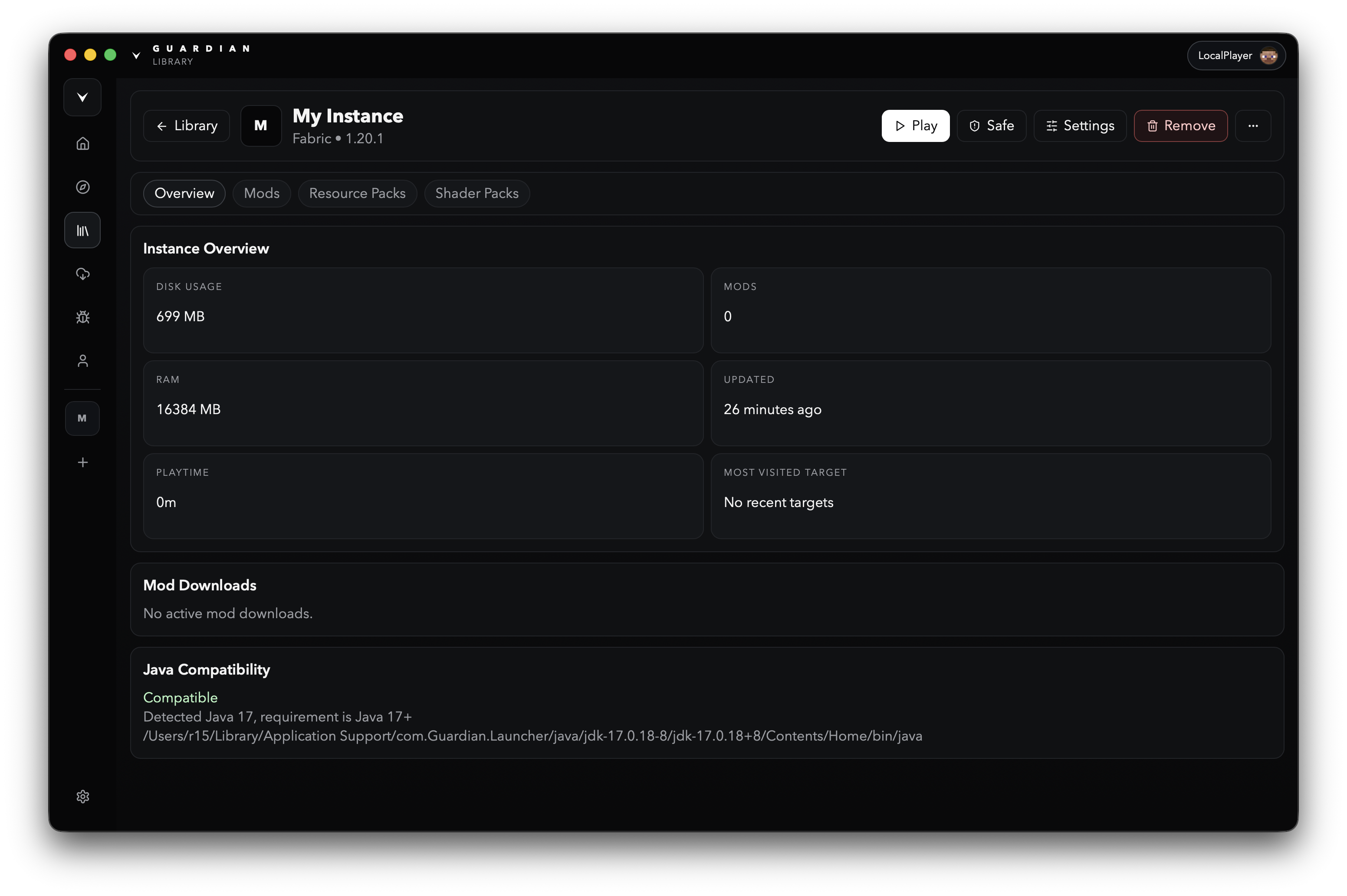 Guardian instance screen